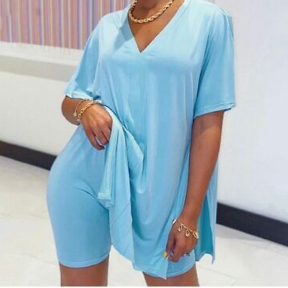 Pants - Women Short Two Piece Set Casual V Neck T Shirt Top And Shorts Set. Blue. Small